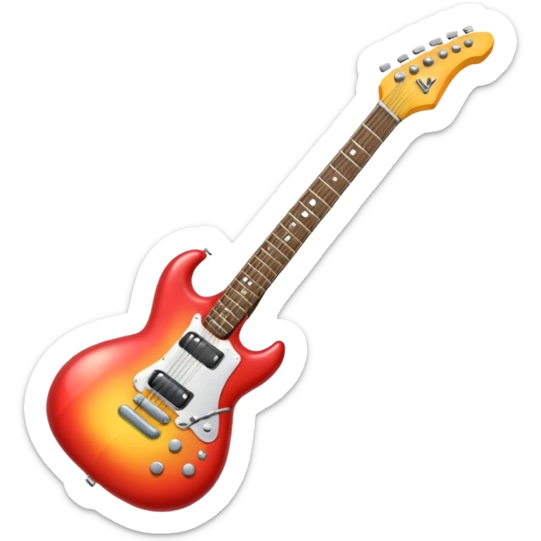 A 3D Apple-style emoji showing the word "ROCK" in bold metallic letters, with a small electric guitar leaning on the text, vibrant glowing effect, playful and energetic cartoon style, symbolizing rock music. sticker