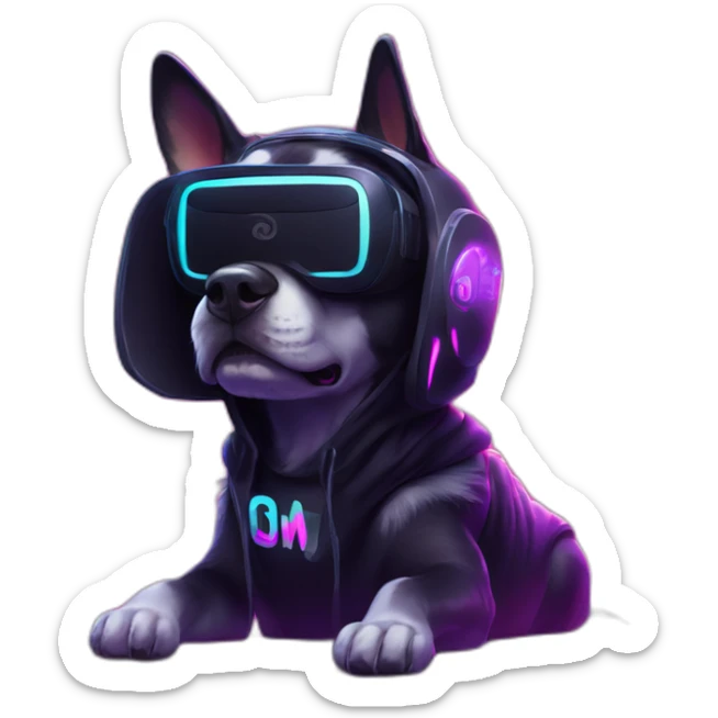 Russian dog wearing a black hoodie with "OMG" letters on it and VR headset in a cyberpunk VR environment with violet neon lighting. sticker