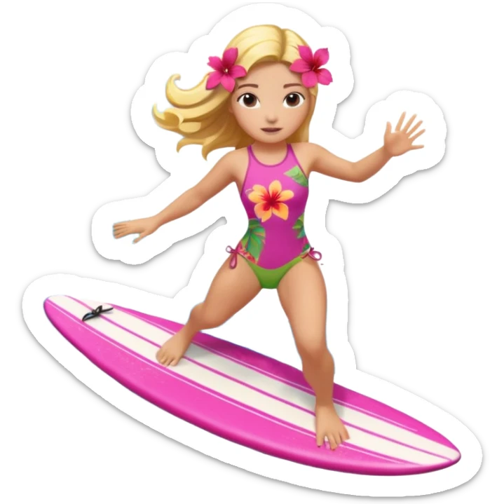 cute female surfer riding waves, hibiscus flower in hair, tropical swimsuit, colorful surfboard with Hawaiian patterns, water splash, 3D cartoon, mobile game icon style, clean background, no text sticker