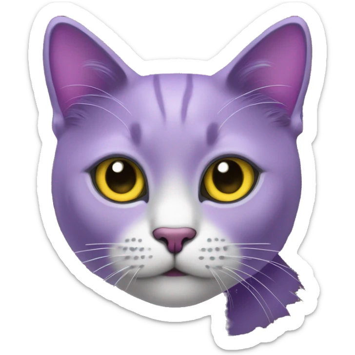 Un gato de color morado, ojos negros y pupilas blancas y un collar con una luna amarilla  sticker