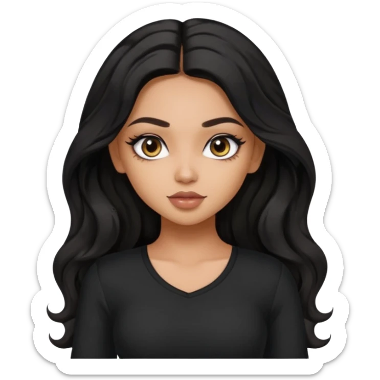 a pretty bratz dusky girl with long wavy black hair, kajal under eyes, black full sleeve  top sticker