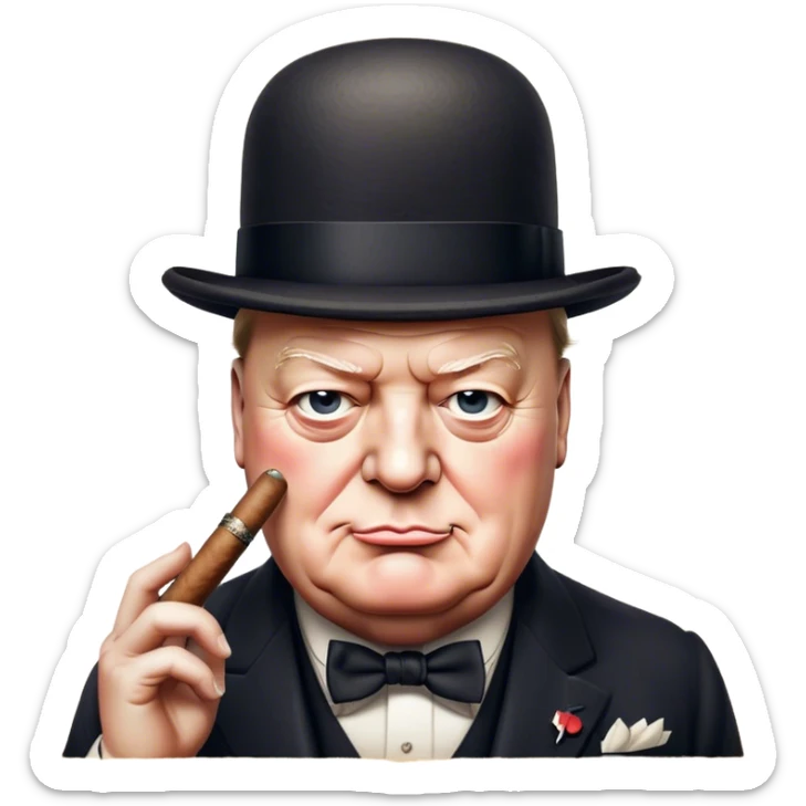 Cinematic Realistic Winston Churchill Portrait Emoji, depicted as a resolute British statesman with a signature bowler hat and a cigar, exuding determined leadership and wartime valor, rendered with lifelike textures and dramatic vintage lighting that captures his iconic British spirit. sticker