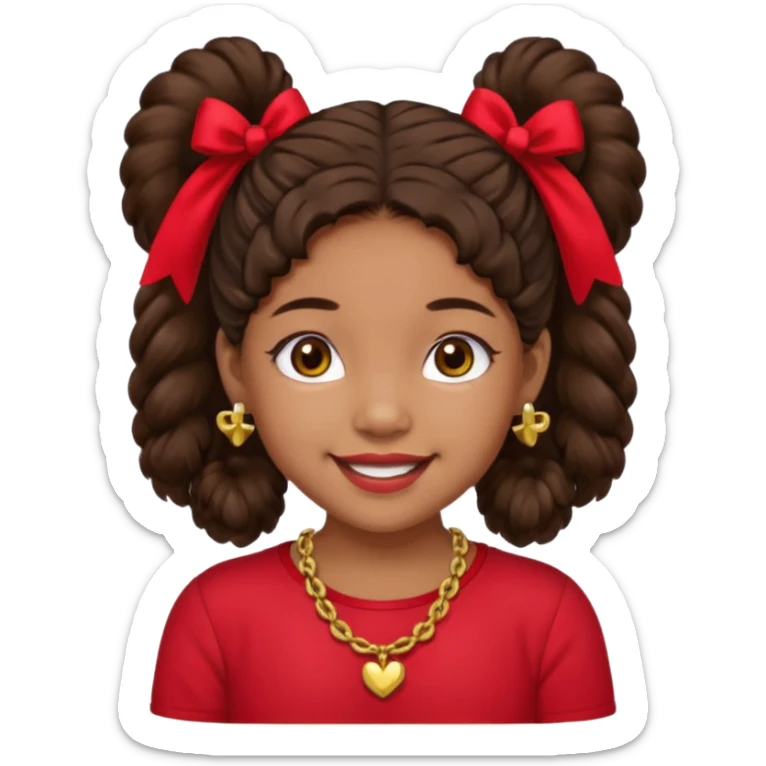 Brownskin girl dark brown hair fluffy. pigtails with red bows brown eyes smiling closed mouth red shirt gold esrrings gold necklace sticker