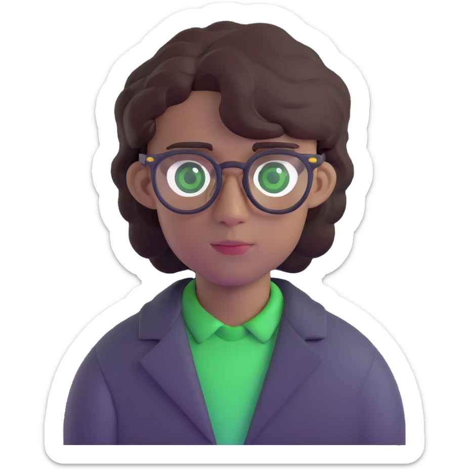young man with dark slightly curled hair wearing glasses with green eyes sticker