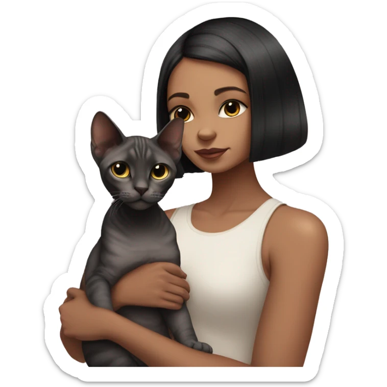 a girl with a dark bob haircut holds two sphinx cats in her hands, one cat is pink, the other is black and white sticker