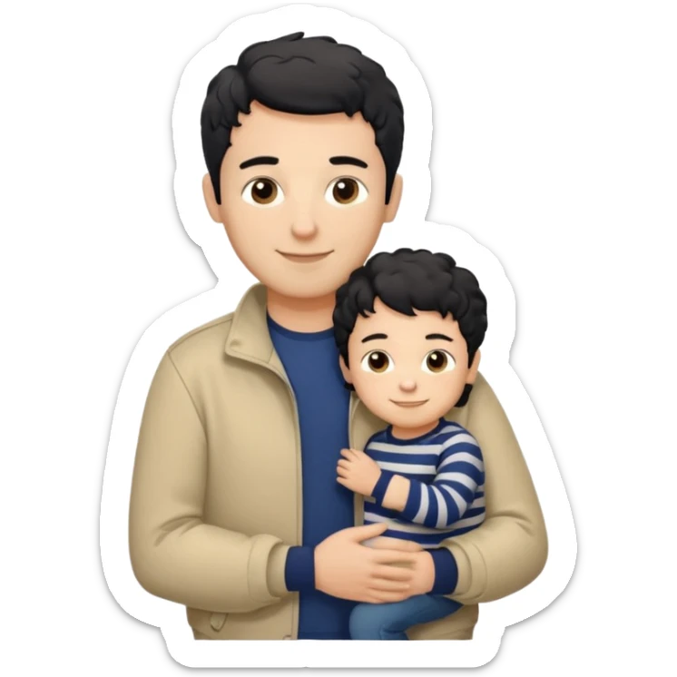 A father with short curly black hair and a friendly smile, dressed in a navy blue T-shirt and a beige jacket. He carries his child with soft straight dark hair wearing a tiny striped sweater. Bright, natural, heartwarming scene. sticker
