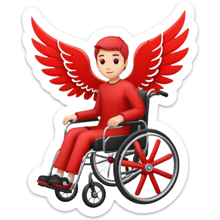 "A simple, red icon of a person in a wheelchair with stylized wings on their back, modern logo design, emoji style, white background" sticker