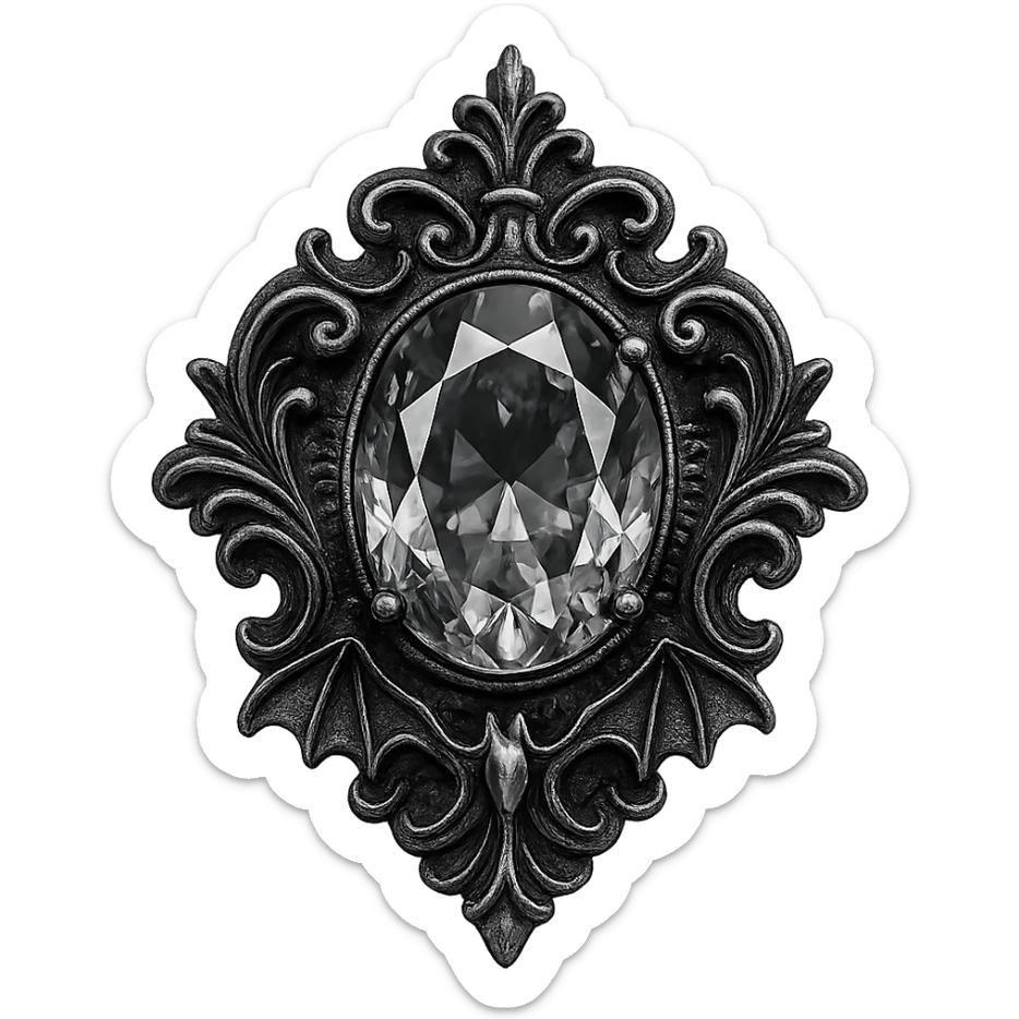 jeweled brooch in aristocrat goth style, silver and black, gothic motifs, sparkling gem sticker