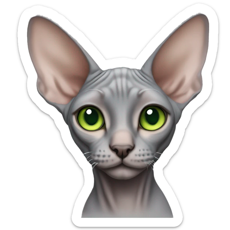 Please make an emoji of a cute grey sphynx cat with green eyes with little bit of fur on his ears sticker