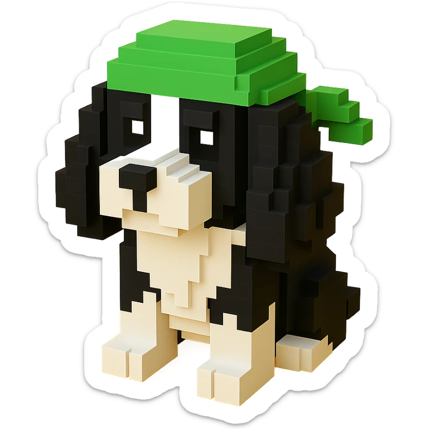 A black and white Russian Cocker Spaniel puppy wearing a green durag, voxel style, sitting sticker