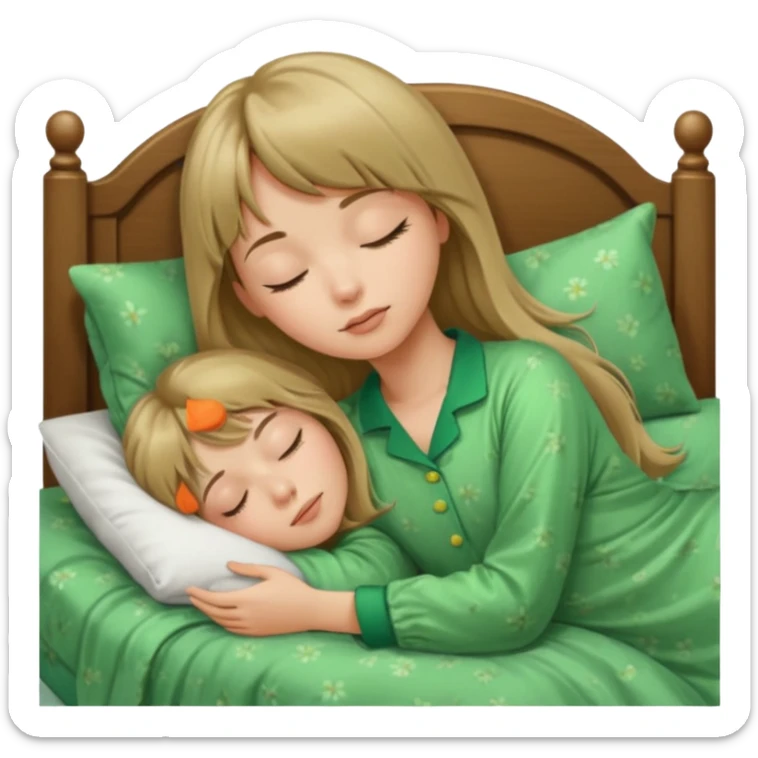 Young woman with long dark blond hair and a bang sleeping in bed  with green pyjama sticker