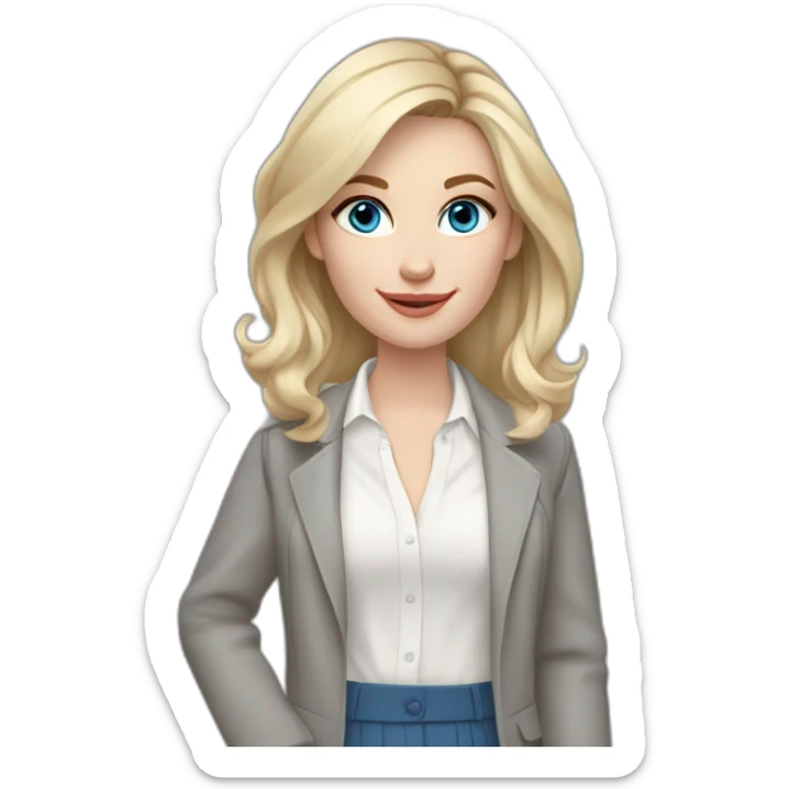 pale skin woman interior designer with cold blonde middle length hair, blue eyes, White blouse, Gray oversize jacket, Gray skirt holding a color palette in the hands sticker