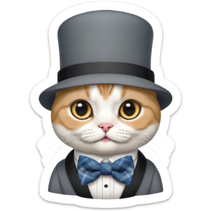 Cinsi scottish fold olan rengi Gri beyaz olan şapka ve papyon takan kedi sticker