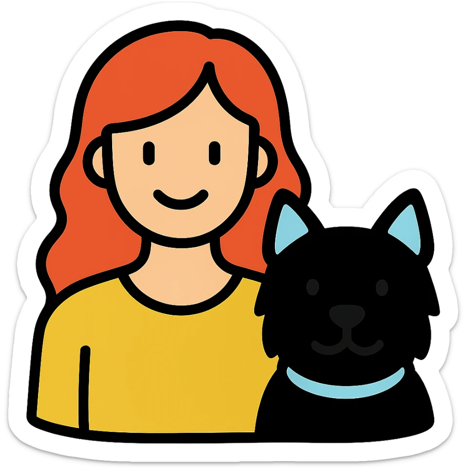 Change the woman's hairstyle to long wavy hair, keep the simple icon style and clear features with the Westie dog. sticker