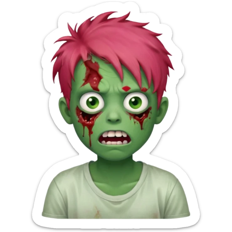 Boy, zombie, red messy hair, green skin, pink eyes, white t-shirt, open mouth with crooked teeth, tired expression. sticker