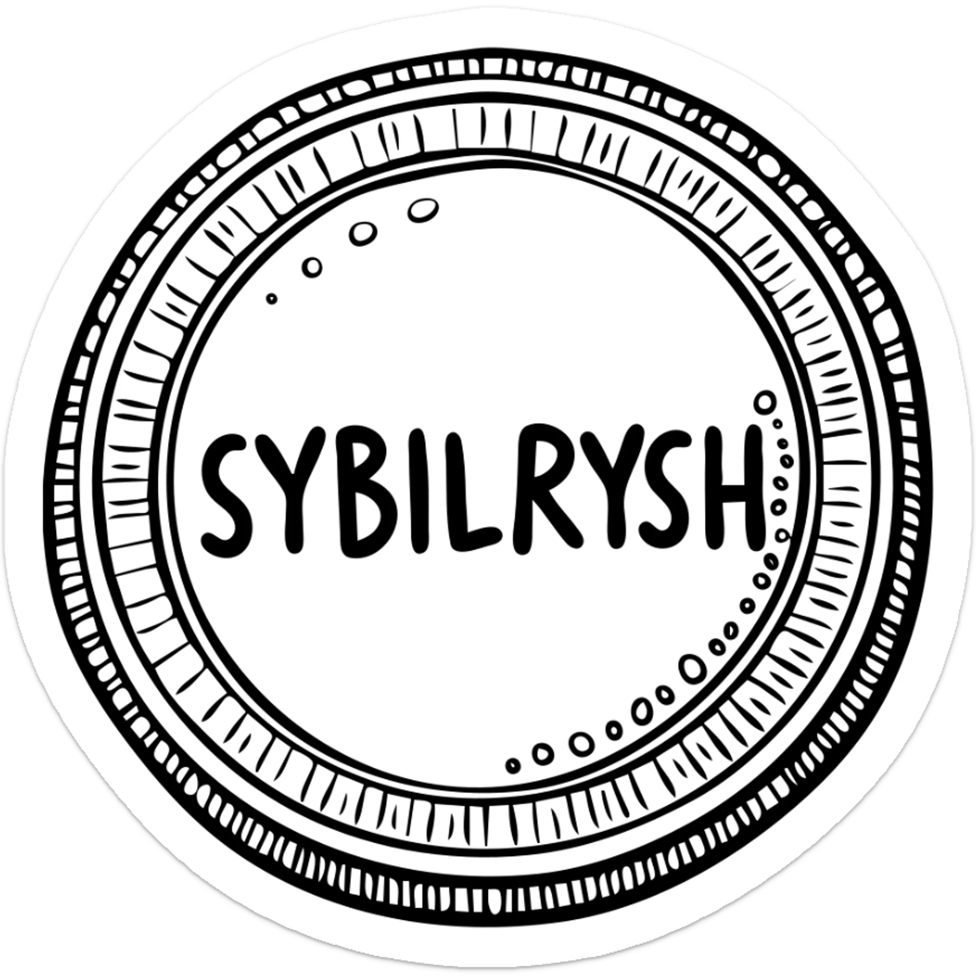 A gold textured coin with the text "SYBILRYSH" inscribed in the center. The coin has a rim with detailed gold grain pattern and metallic shine. sticker