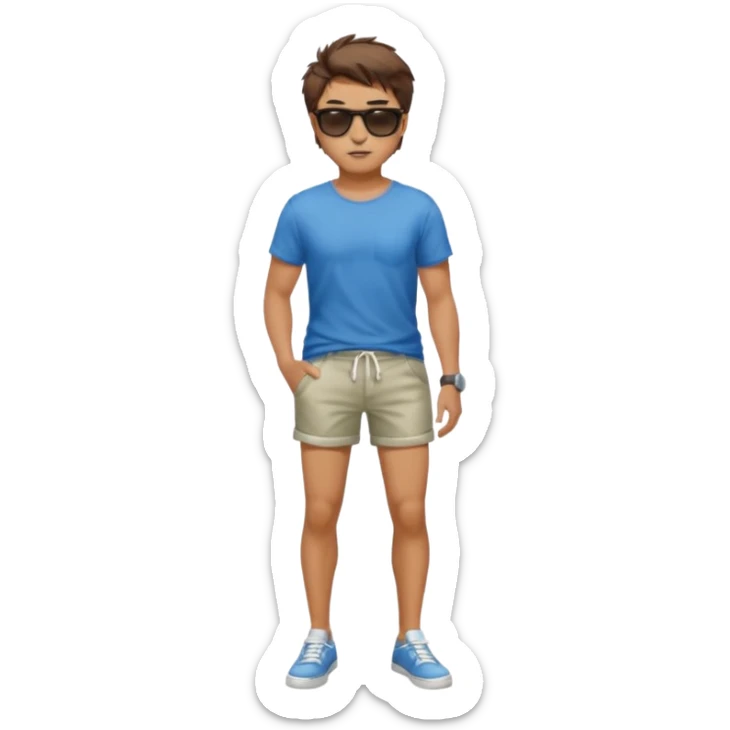 Handsome. Male. Short brown hair. Messy hairstyles. Sunglasses. Sexy pose. Full body. Wearing shorts sticker