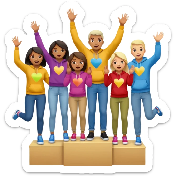 multi-racial people in colorful jeans, t-shirts, and hoodies on an un-numbered winners’ podium, middle step higher, excited, fun, expressive emoji style sticker