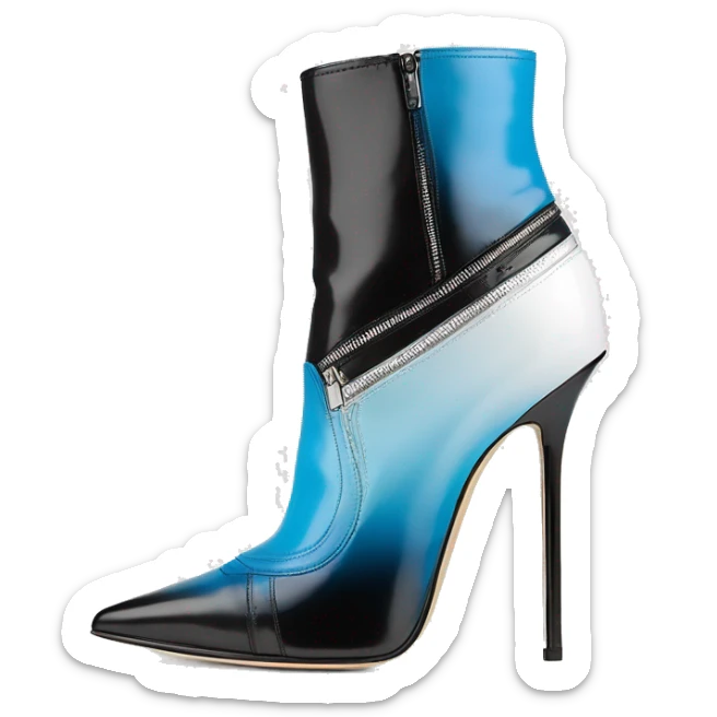 Realistic isolated top view of a pair of white,sky blue,and black ombre Jimmy Choo Stiletto Heel Zippered ankle bootie boots  sticker