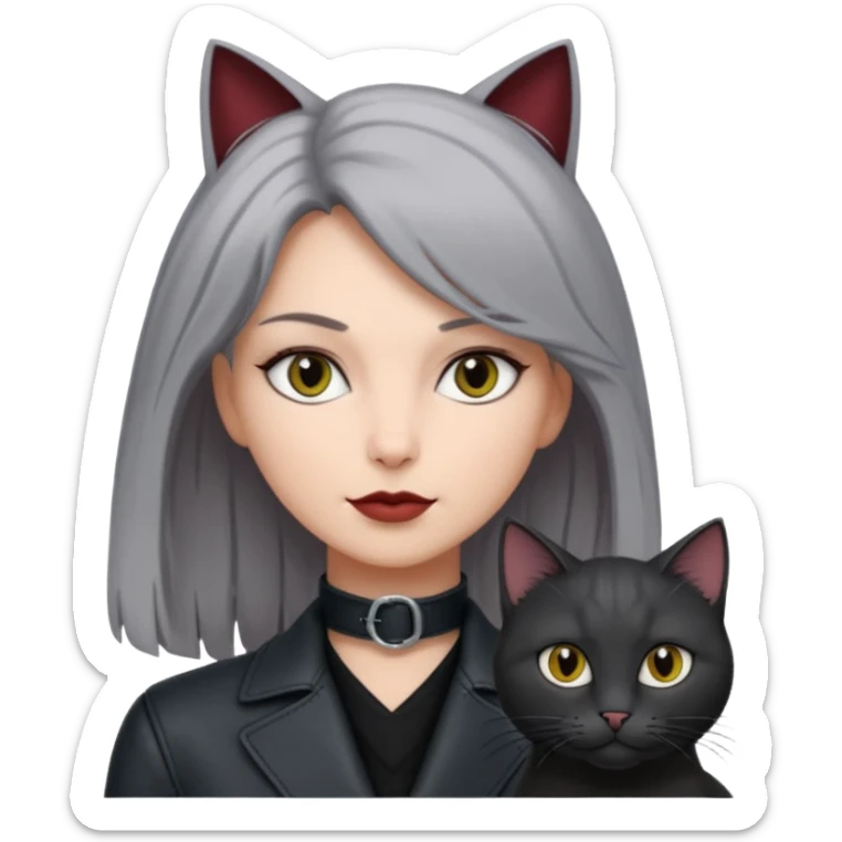 femme aux yeux gris, cheveux court bordeaux avec cuir noir, accompagné d'un chat poils longs gris clair et d'un chat poils ras noirs sticker