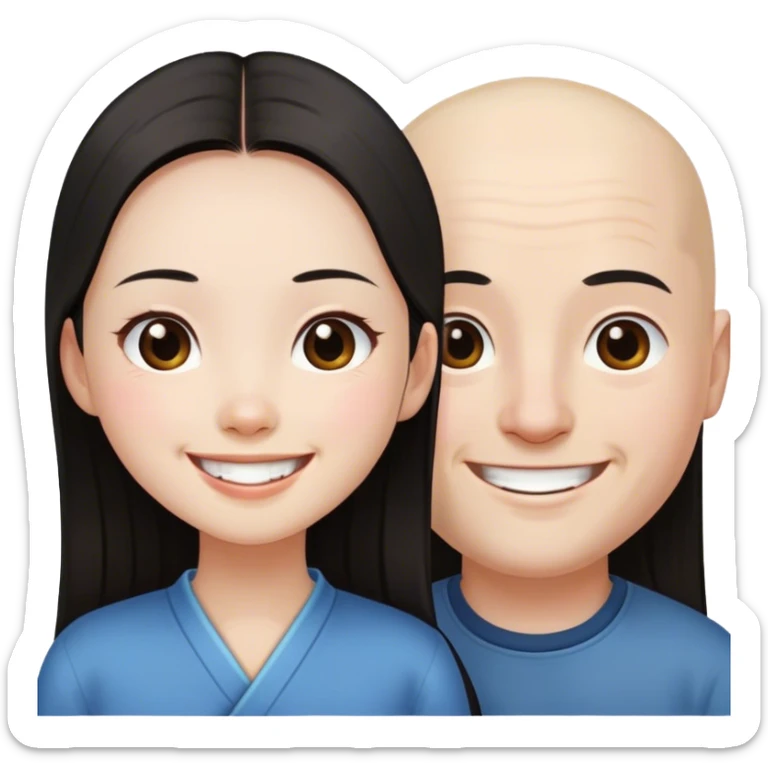 Long dark hair Chinese girl loves bald white boy sticker