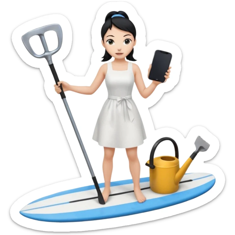 Princess who wearing white dress (woman) black ponytail hair holding her cellphone and  one garden iron shovel with another hand. there is one blue surfing board under her feet. She is looking at her phone. sticker