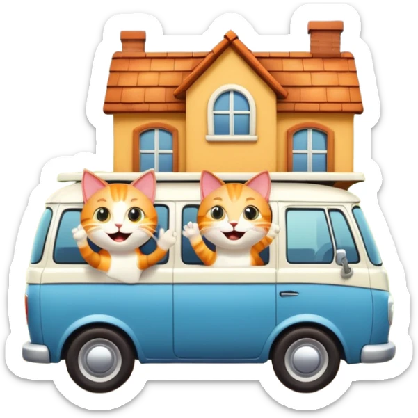 two cartoon cats in a van waving out the window at a small house in the background sticker