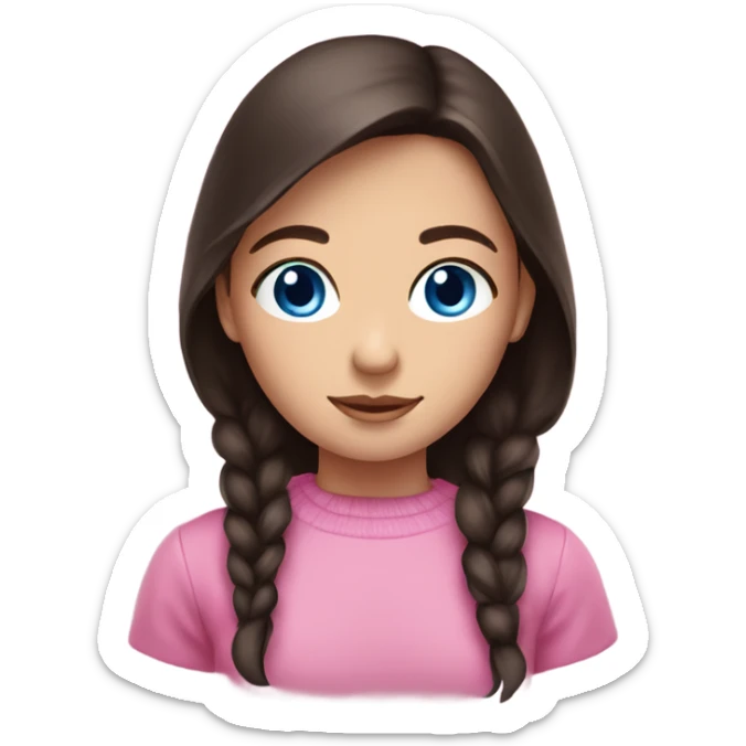 girl with blue eyes and dark brown hair with a pink sweather sticker