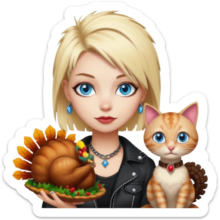 A blonde punk rocker woman with blue eyes with a thanksgiving turkey cat sticker