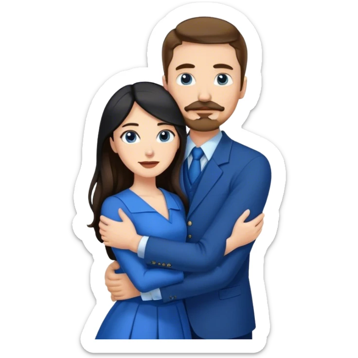 tall white man with brown hair goatee mustache hugging a pale woman with long black hair, wearing blue formal clothing sticker