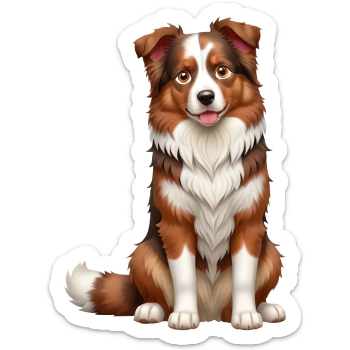 cinematic-[australian shepherd dog]-realistic-full-body-sitting-emoji,-tail-resting-loosely-beside-its-paws,-head-tilted-dramatically,-scruffy-[red merle]-fur,-simplified-yet-realistic-focused-features,-highly-detailed,-glowing-with-an-almost-sarcastic-glow sticker