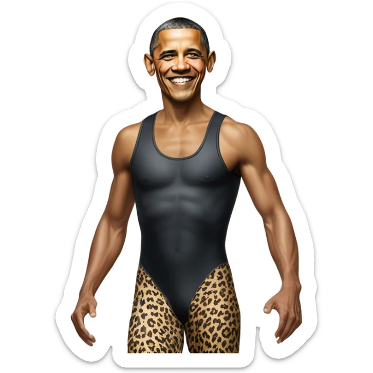 Photorealistic Obama Obama Obama Obama  Obama but he’s dressed in a 80s spandex leopard print workout unitard Obama Obama Obama Obama Obama short hair Obama wrinkles hair Barack Obama hope poster Obama sticker