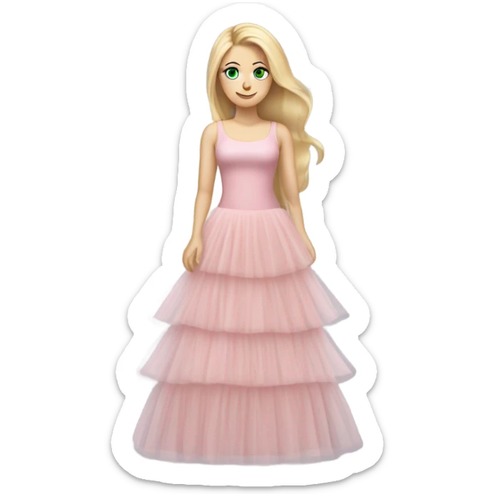 Realistic White woman with Long blonde straight hair and green eyes, full body wearing Long soft pink tiered tulle dress, isolated sticker