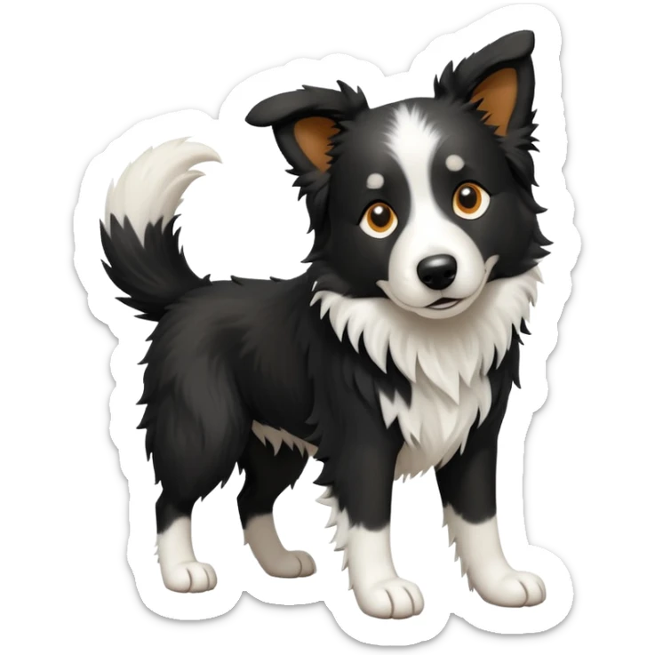 cinematic-[border collie dog]-realistic-full-body-sitting-emoji,-tail-resting-loosely-beside-its-paws,-head-tilted-dramatically,-scruffy-[black and white]-fur,-simplified-yet-realistic-focused-features,-highly-detailed,-glowing-with-an-almost-sarcastic-glow sticker