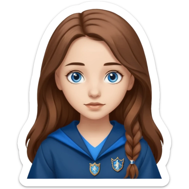 gorgeous Girl with light skin, blue eyes, long brown hair, wears a ravenclaw outfit sticker