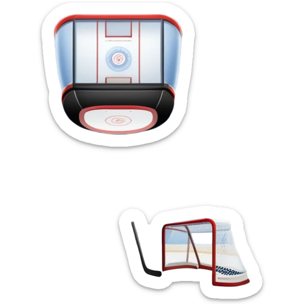 An icon showing a hockey stick, puck, skates, and goalposts on the ice. The background features a large hockey stadium with cheering fans, bright lights, and a snowy landscape visible through the arena. Transparent background highlights the main hockey equipment and atmosphere. sticker