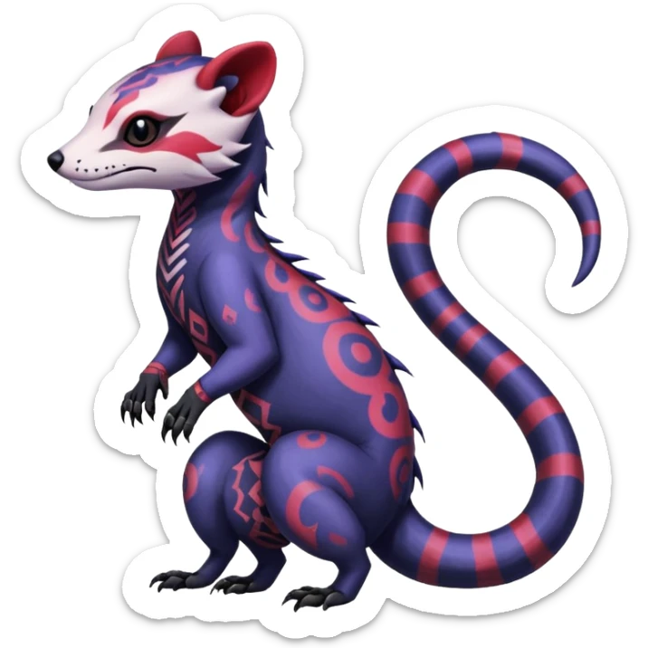 Rare warm-colored exotic gloomy tropical edgy cute epic aesthetic spooky indigo violet white black red gothic colorful Salandit-Noibat-Civet-species-Fakemon-hybrid-creature, with tribal tattoo markings, full body sticker