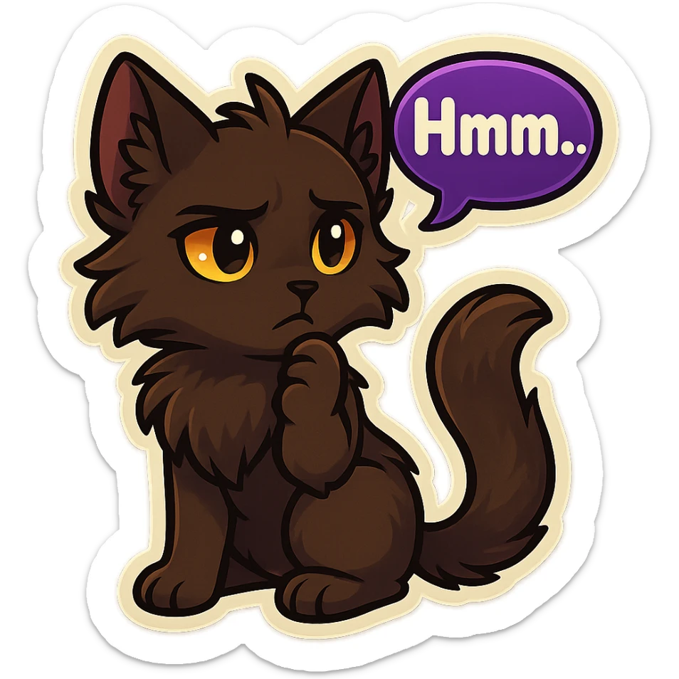 a dark-brown fluffy cute kawaii anthropomorphic furry anime cat-furry with tufted ears, golden eyes, and a long thin tufted tail, thinking, frowning thoughtfully, saying “Hmm..” with a purple speech bubble, (cartoon style) (cute anime style) (furry style) (deviantArt style) (artist style: Kamirah) sticker