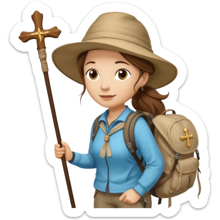 Middle aged women, long brown hair in ponytail with wide brim hiking hat. Walking with backpack and trekking poles. Backpack gas a scallop shell with the cross of saint james hanging from it. She is a pilgrim on the Camino Frances on her way to Santiago de Compostela sticker