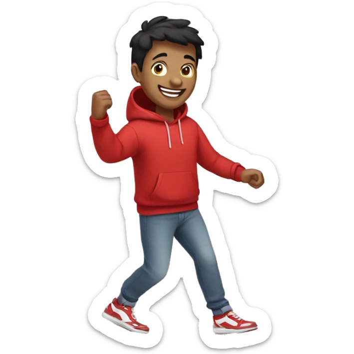 Cartoon of a joyful man with short black hair wearing a red hoodie and sneakers sticker