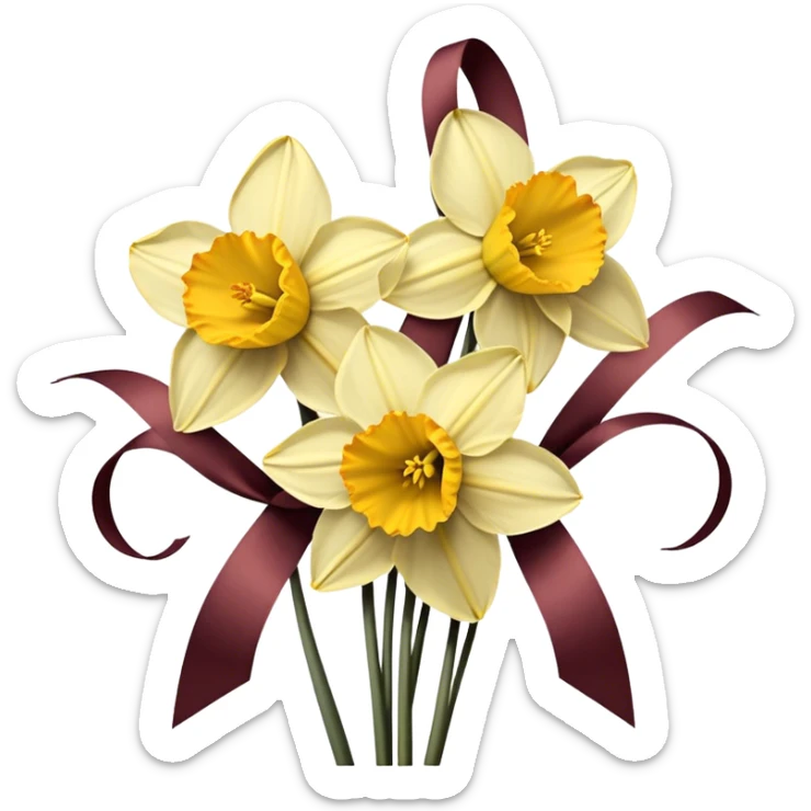 Soft yellow daffodils intertwine with faded burgundy ribbons, as brown butterflies rest on their petals. A warm, golden haze enhances the nostalgic charm. sticker