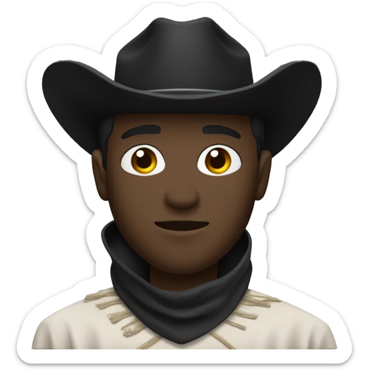 a black guy with fair skin, wearing a black cowboy hat and a black bandana covering the lower part of his face. A dark brown poncho is visible. Angle: upper body, accent on the face sticker