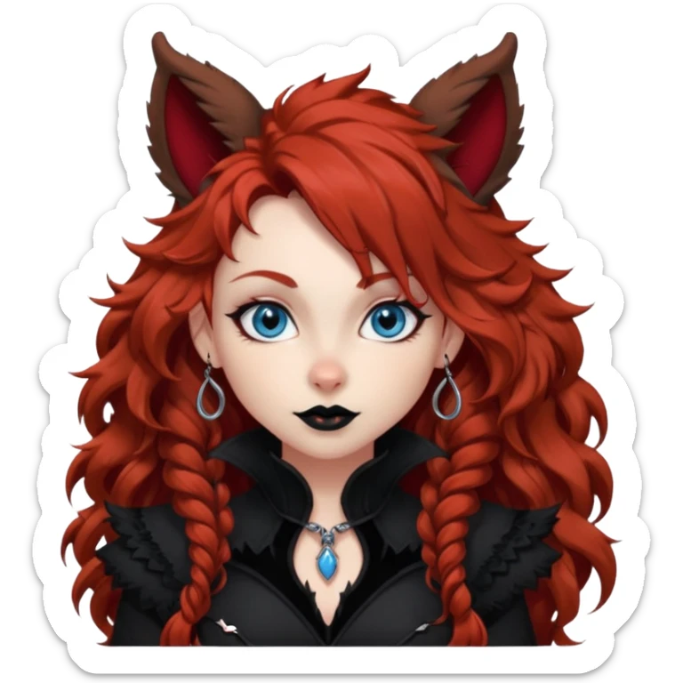  long curly red hair (darker), red pointed ears with black trim, black goth outfits, body and face human, blue eyes, more pointy chin, black lipstick, big fluffy red squirrel tail with black tips, like the attached photo with more outfits and poses,  sticker