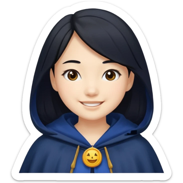 braid black hair, white asian girl, dark blue cloak, happy smile sticker