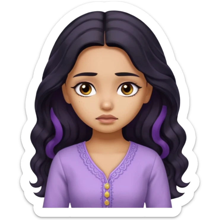 a pretty tan bratz girl with long wavy black hair, wearing a light purple kurti. looking sad sticker