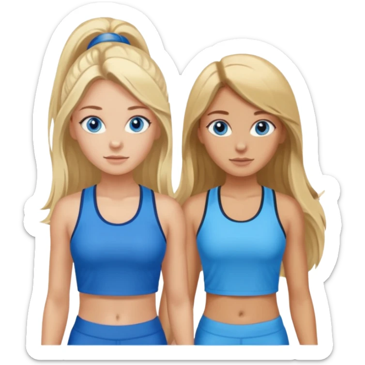 two girls in gym wear one with blue eyes and long brown hair one with blonde long hair blue eyes tanned sticker