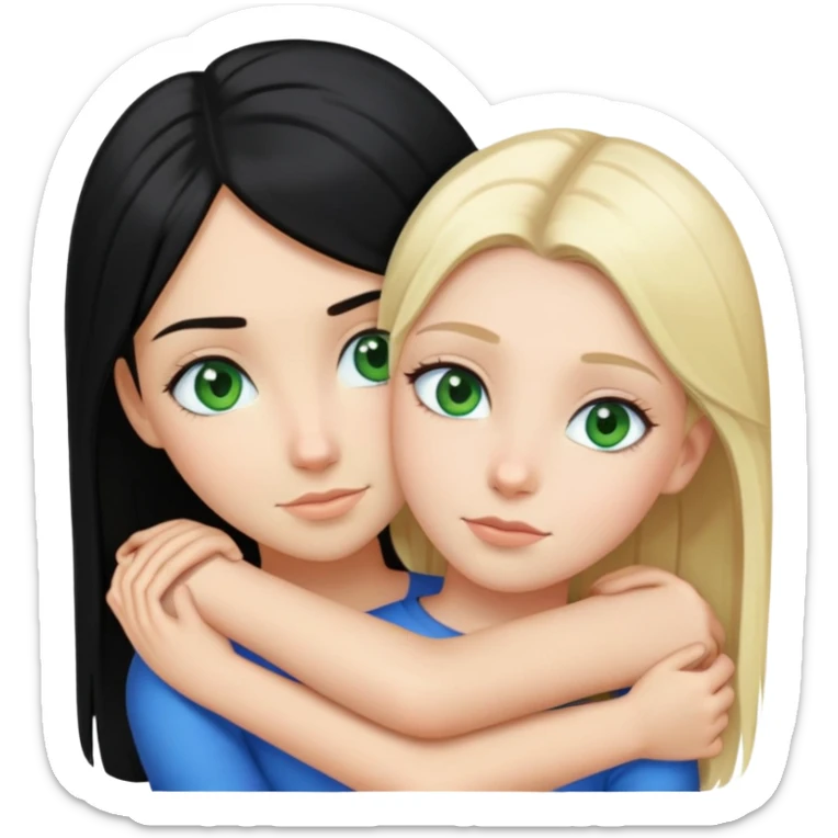 blonde girl green eyes fair skin hugging a black hair girl with blue eyes and fair skin both straight hair  sticker