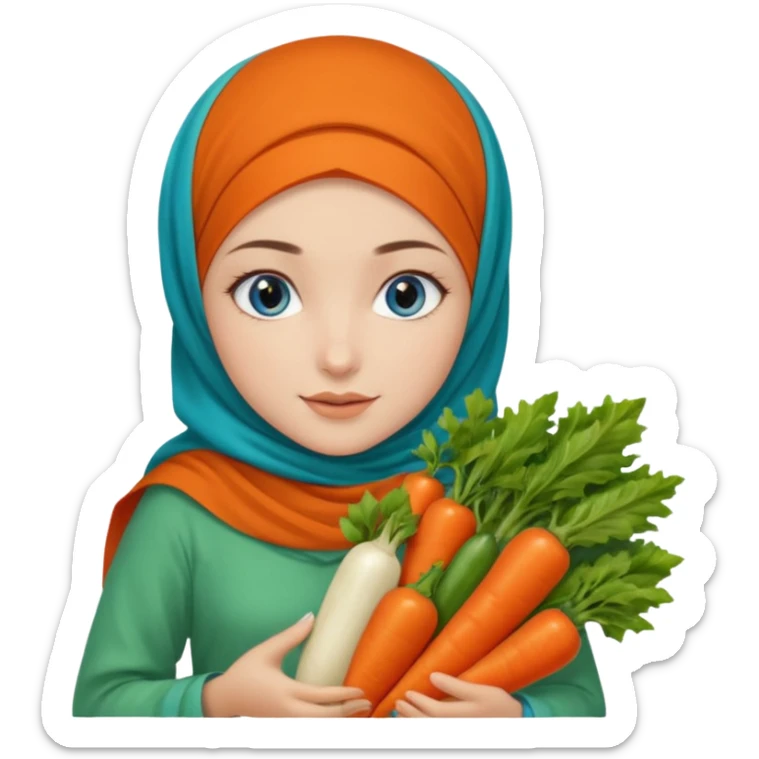 Turkish beautiful finish Konya girl blue eyes with garden design orange green hijabi dress and she had on her hand vegetables  sticker