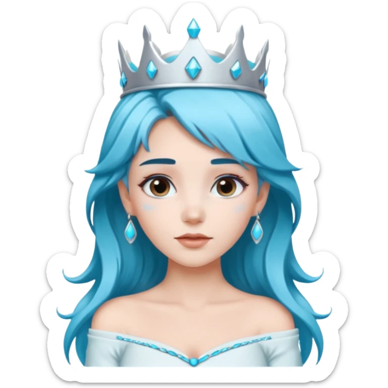 An ice queen with a little silver qrown, brown and turquoise hair and white skin. And off shoulder white dress and brown hair woth blue extensions sticker