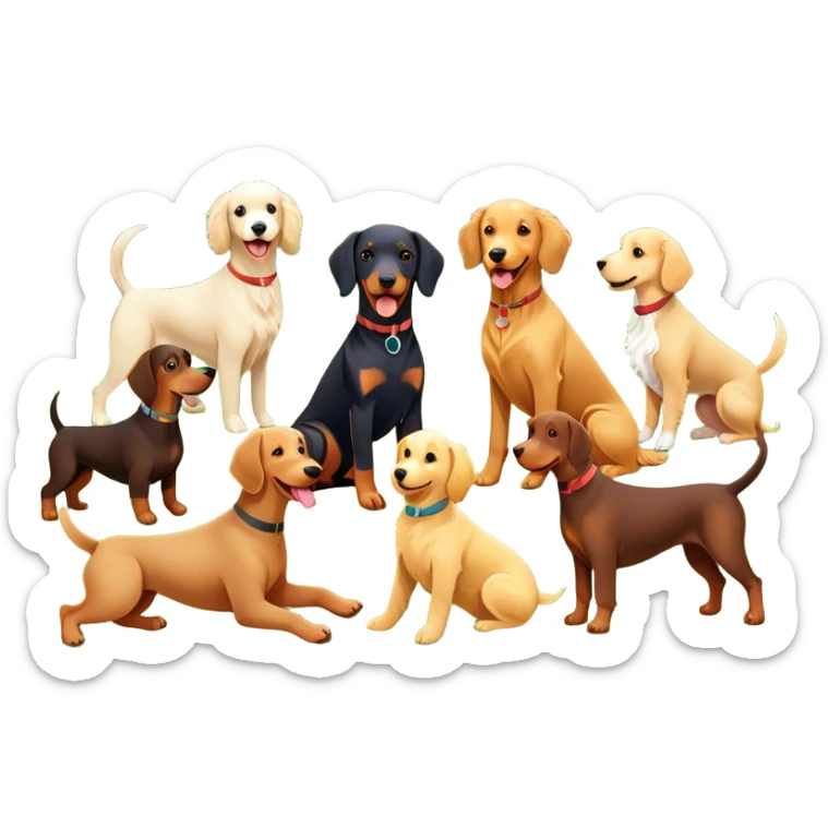 Collage of various dog breeds like Doberman, Poodle, Dachshund, and Golden Retriever, playing in a park with trees and grass. Some dogs run, others sit, all are full of energy and happiness. A joyful, colorful scene with playful expressions. Transparent background. sticker